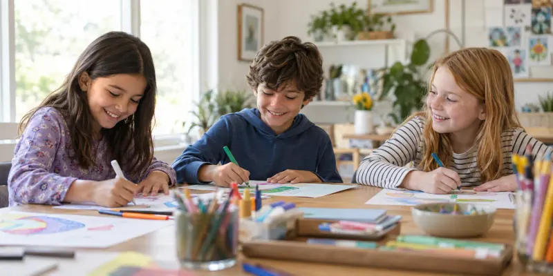 Three children happily playing together in a bright room