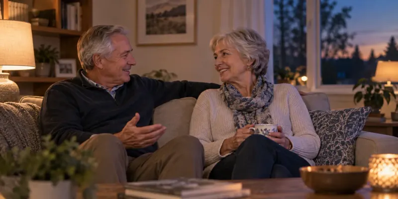 Two older adults sharing a warm conversation at home in the evening