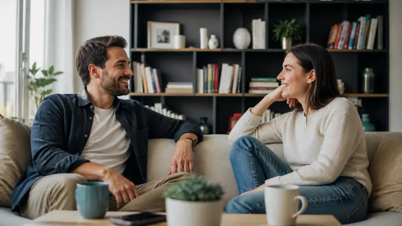 Two adults smiling and talking in a modern living room
