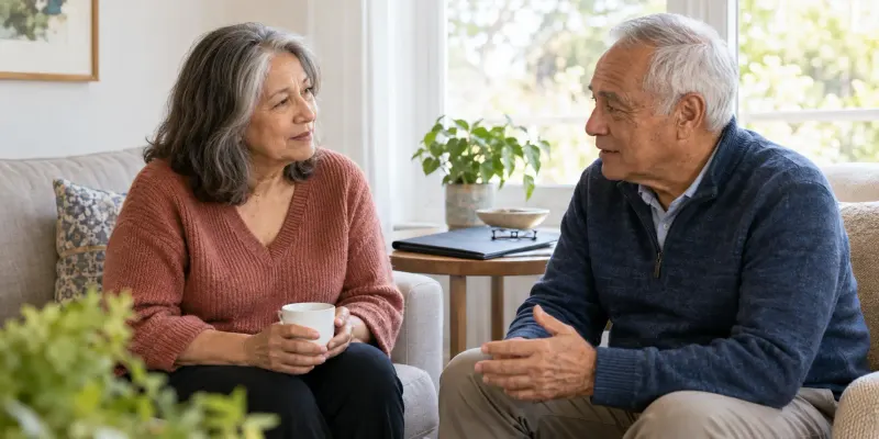 Two older adults having a calm conversation in a bright sitting room