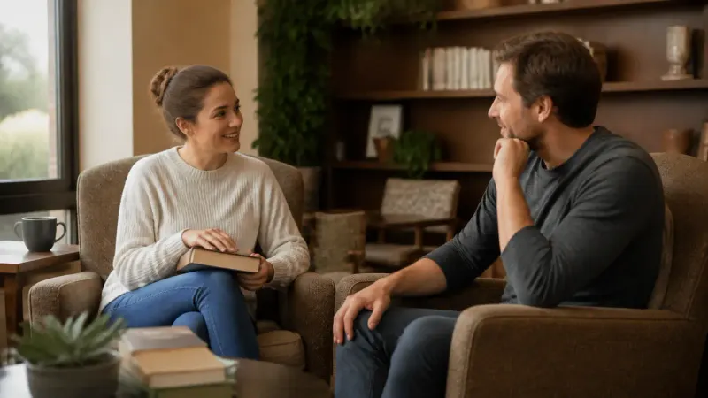 Two adults sharing a relaxed conversation in a quiet reading lounge