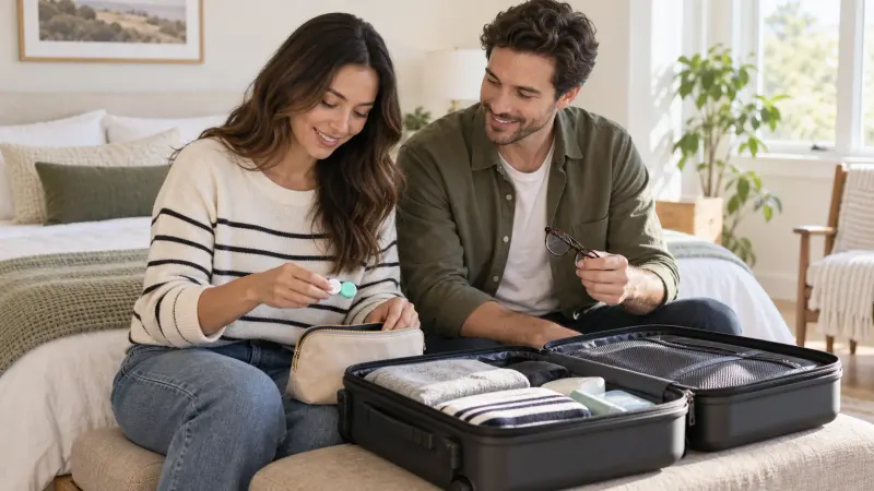 Two adults organizing contact lens supplies beside an open suitcase before air travel