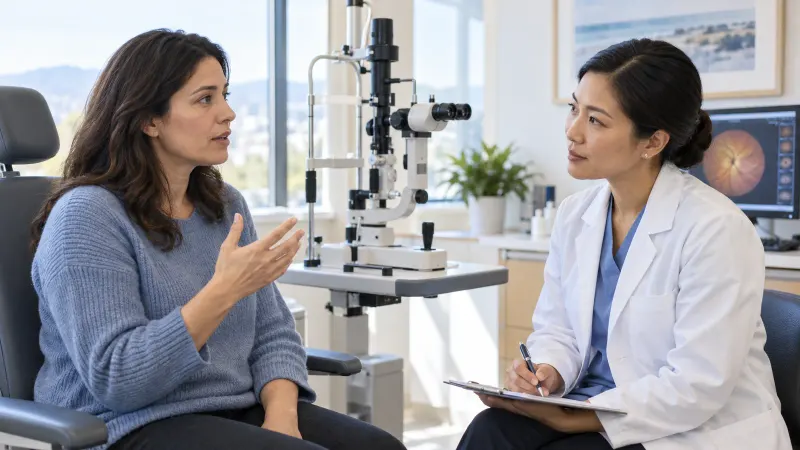 An adult discussing a sudden vision change with an eye doctor