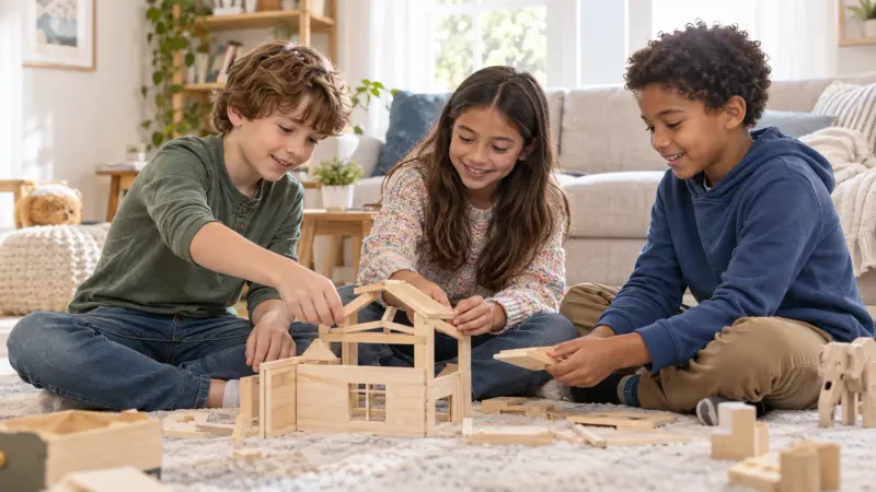 Three children smiling together during a home activity