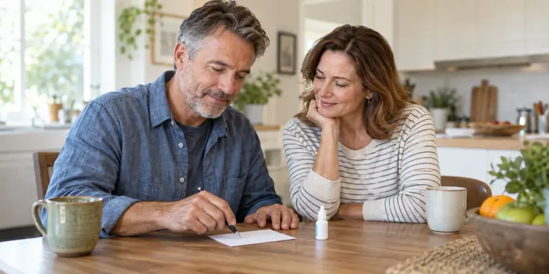 Two adults planning an eye-drop routine together at a bright kitchen table