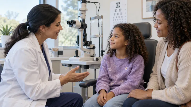 Child receiving a routine eye examination with a parent nearby