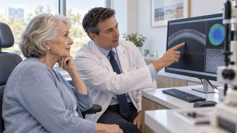 An adult discussing cataract surgery and Fuchs dystrophy with an eye doctor