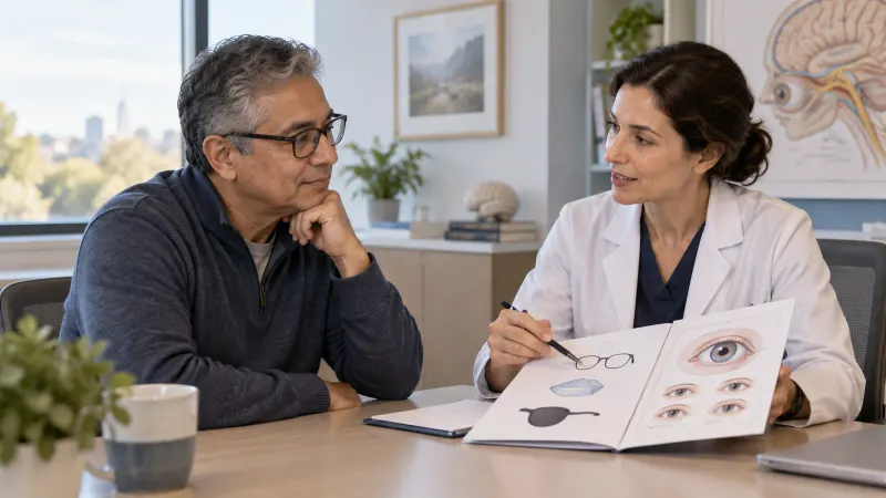 A patient reviewing visual aid options with an eye doctor