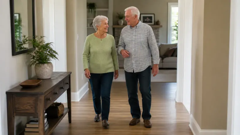 Two older adults walking together through an uncluttered indoor hallway