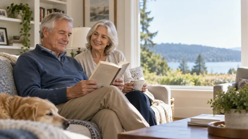 An adult and supportive companion review a monovision adjustment checklist beside reading glasses in a bright home.