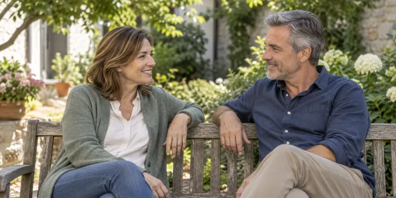 Two adults talking together in a bright natural setting