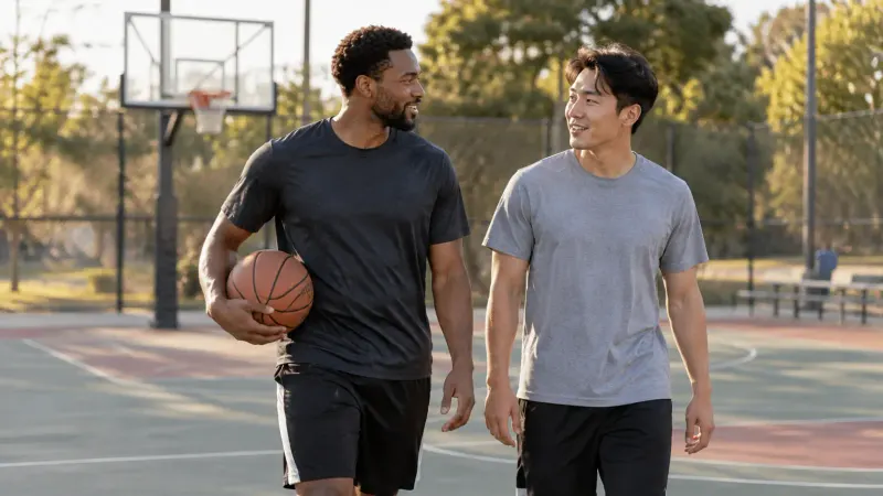 Two adult basketball players calmly leaving an outdoor court together