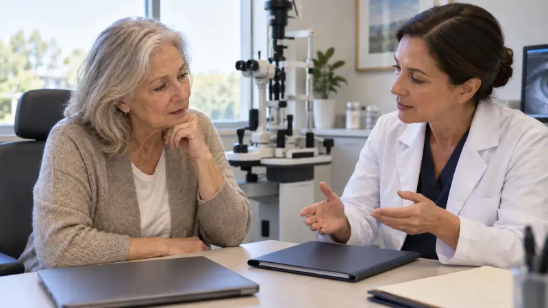 Eye doctor discussing tear duct care with a patient