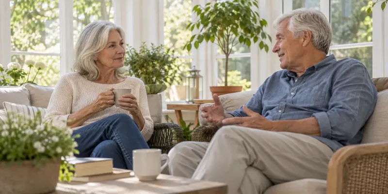 Two older adults sharing a supportive moment near a window