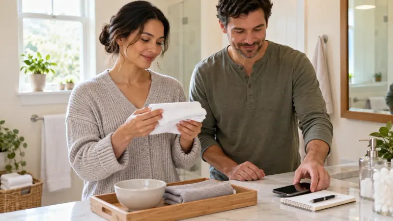 Two adults preparing a clean washcloth and appointment note in a bright home bathroom