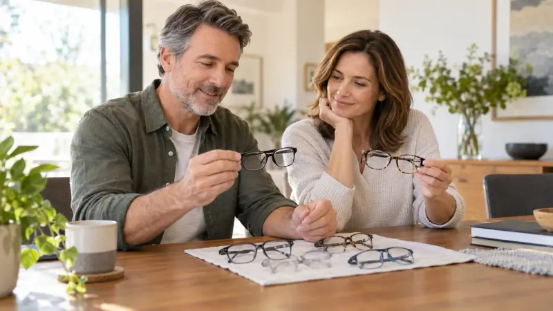 Two adults comparing several lightweight eyeglass frames at a bright home table