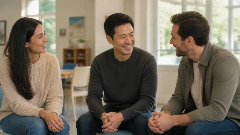 Three adults smiling during a conversation in a bright community room