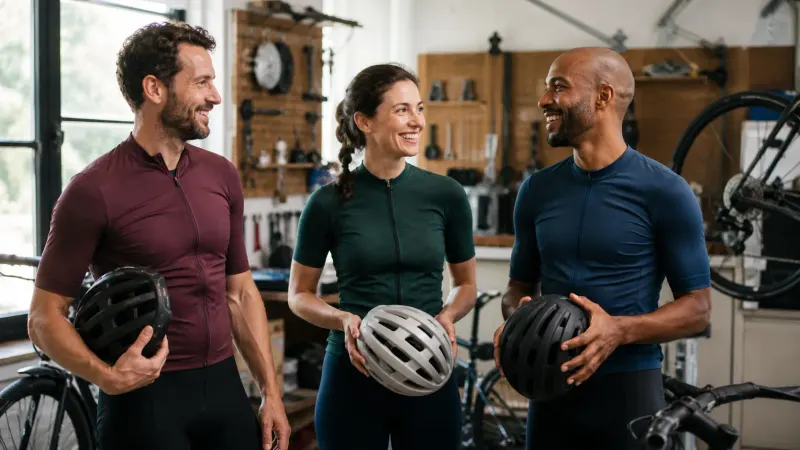 Three cyclists smiling together inside a bicycle workshop