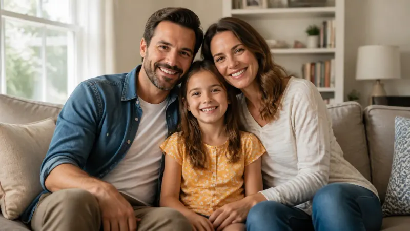 A happy family of three sitting together in a living room