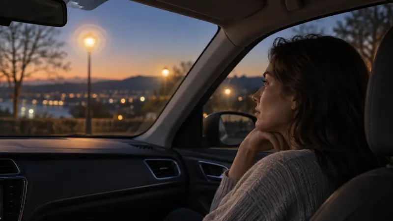 An adult discusses halos around lights with a companion while reviewing an eye-care appointment list.