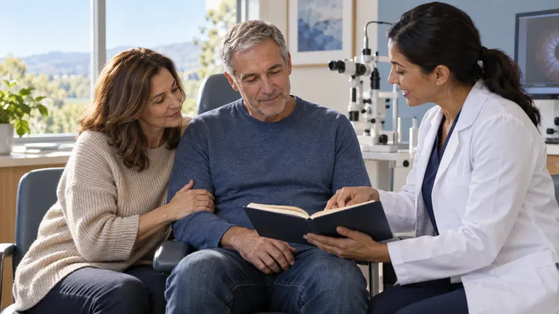 A patient and caregiver reviewing a notebook with an eye doctor
