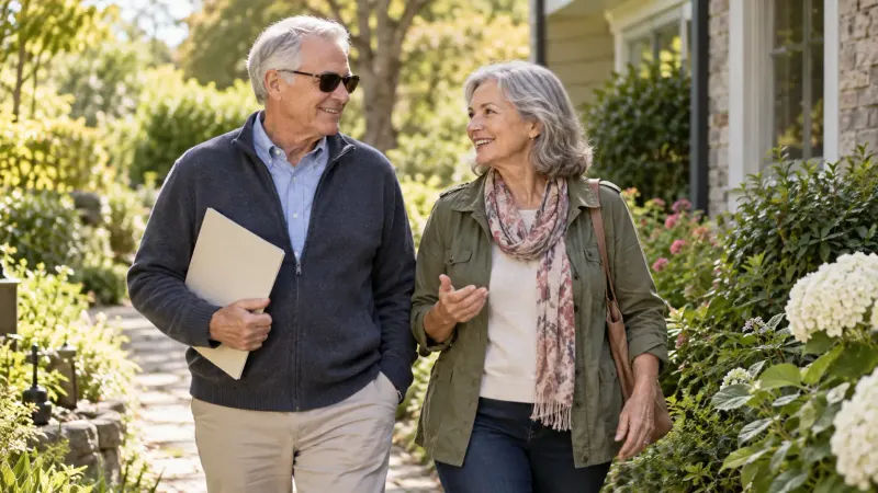 Two older adults walking and talking in a garden while carrying a plain appointment folder