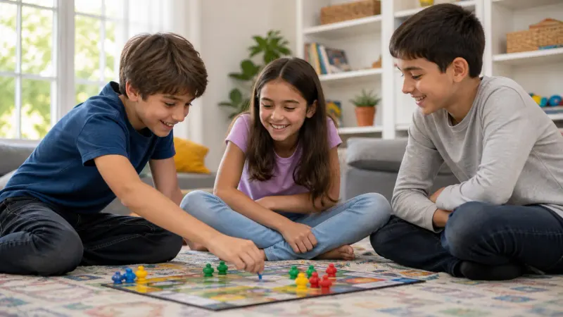 Three children smiling around a board game in a family room
