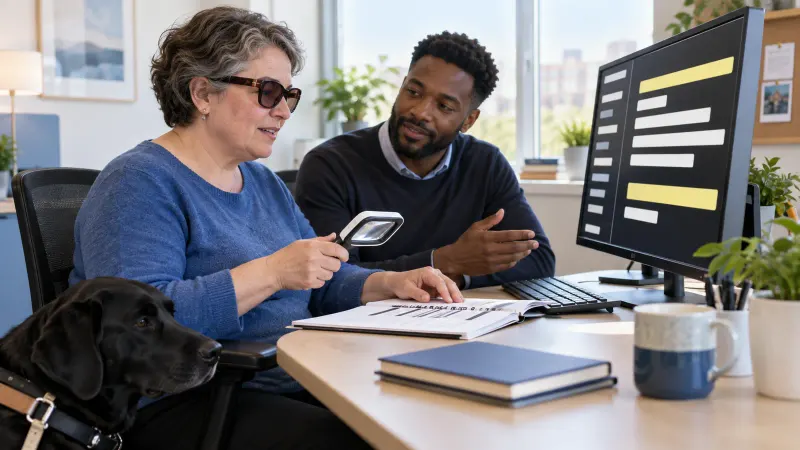 A person using a magnifier and high contrast display with a colleague