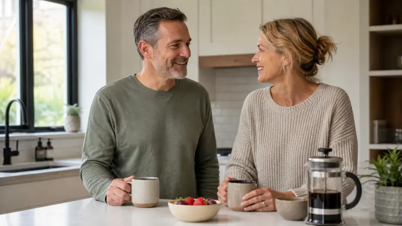 Two middle-aged adults smiling at a bright kitchen island