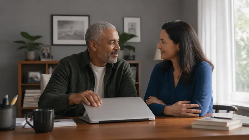 Two adults sharing a supportive conversation in a home office