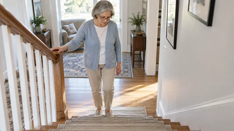 Person adjusting to bifocal eyeglasses at home