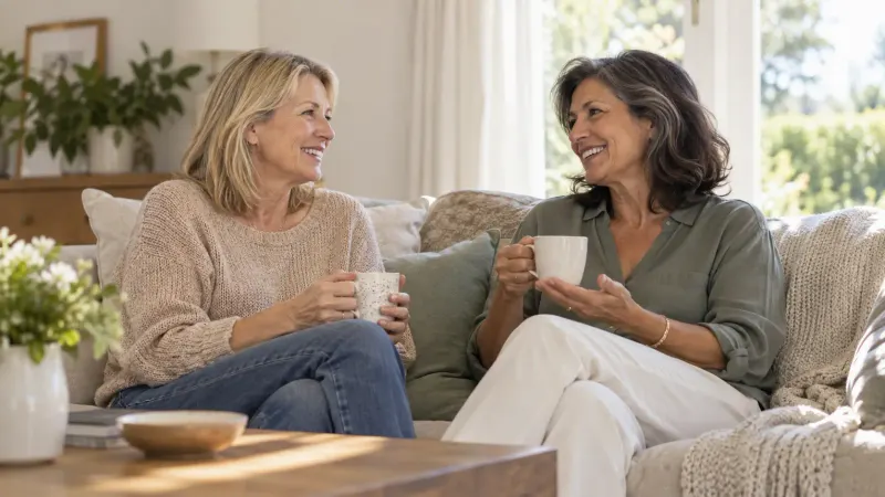 Two middle-aged adults talking warmly in a bright room