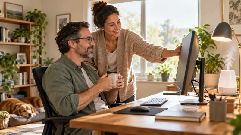A caregiver helping an adult adjust a comfortable computer workspace with a humidifier nearby
