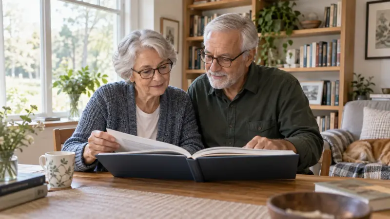 Two older adults enjoying time together in a bright reading area