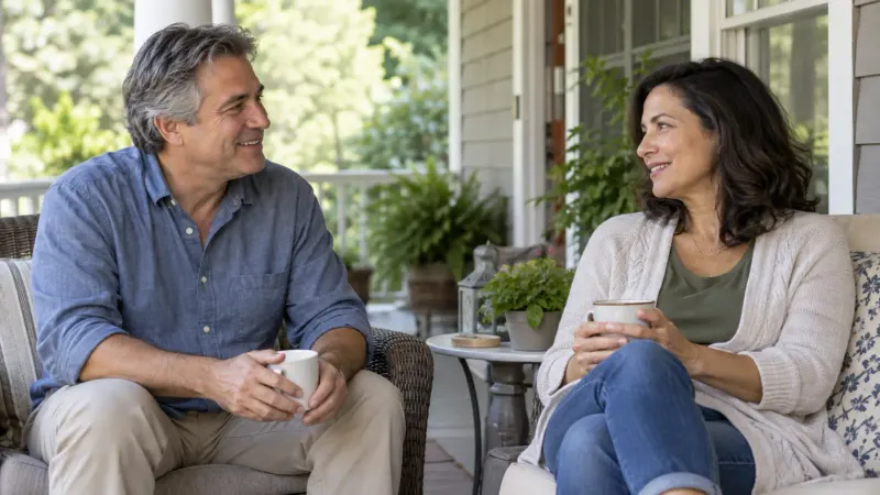 Two adults smiling during a relaxed indoor conversation