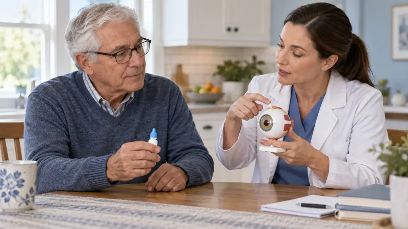 An older adult holding eye drops while a clinician explains an eye model