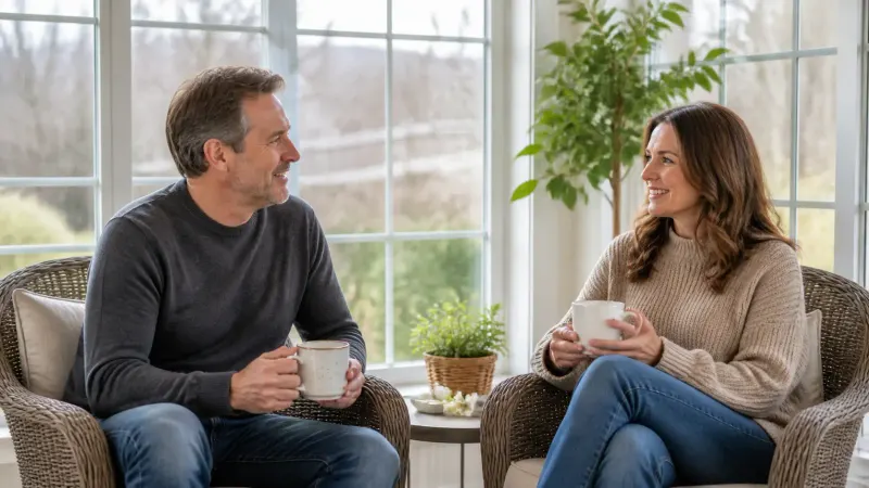 Two middle-aged adults smiling over tea in a bright sunroom
