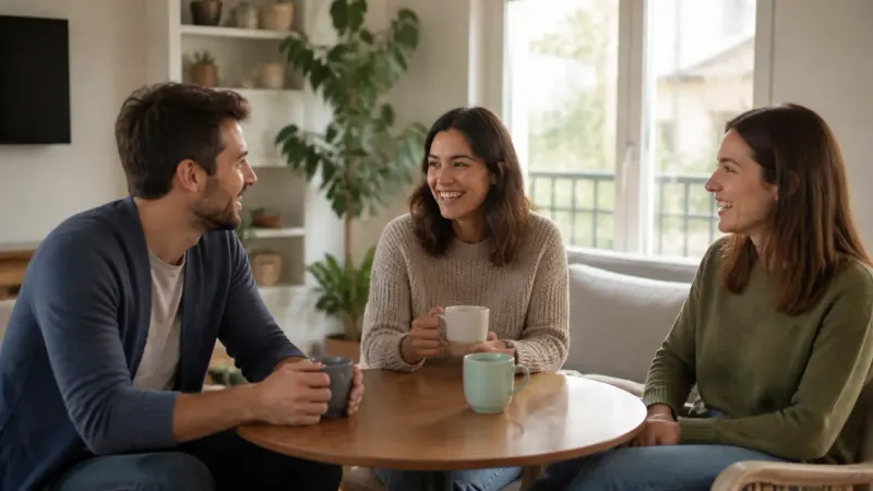 Three adults smiling together in a modern apartment