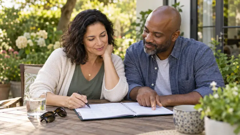 Two adults reviewing a follow-up calendar together on a leafy garden patio