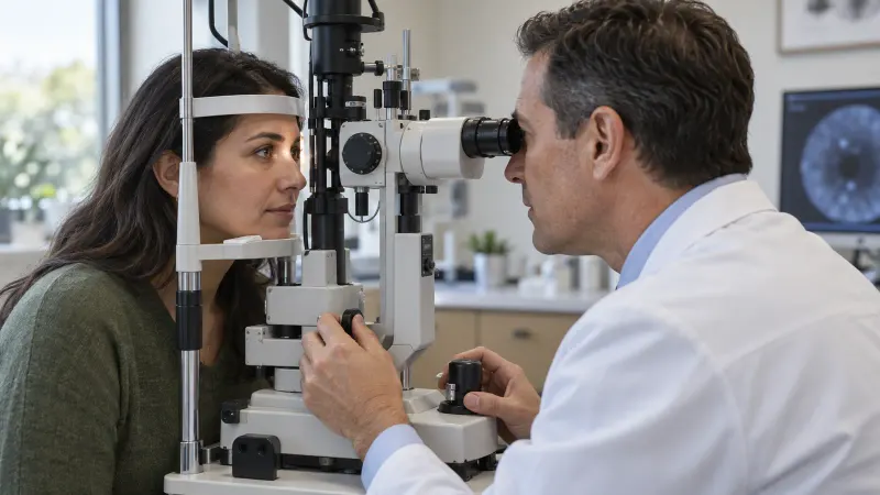 Eye doctor examining a patient's eye with a slit lamp