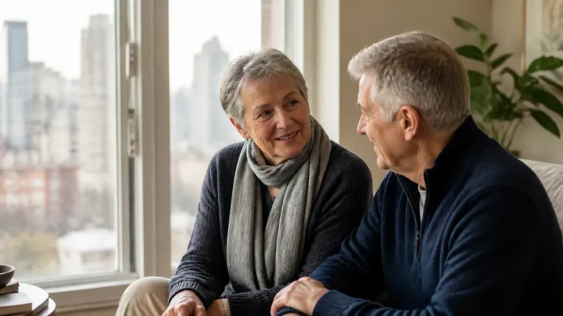 Two older adults sharing a supportive conversation near a window