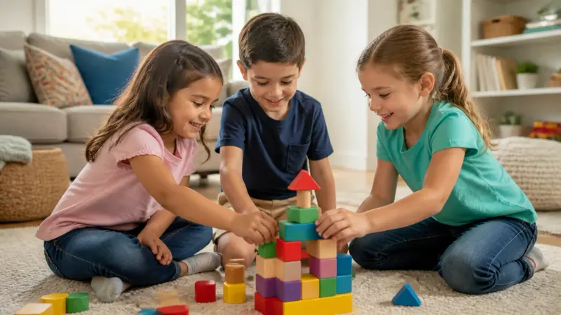 Three children smiling while building with blocks in a family room