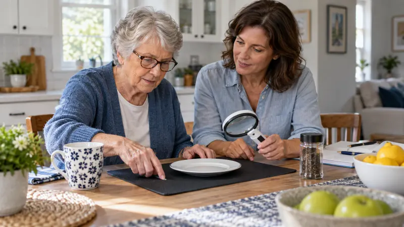 An older adult and caregiver comparing a white plate on a dark mat