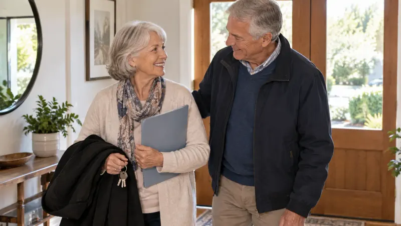 Two older adults calmly preparing to leave home for urgent medical evaluation