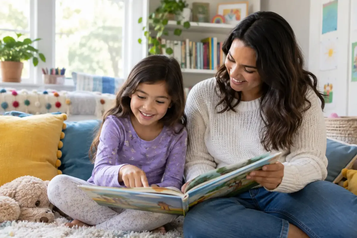 A school-age child and caregiver reading a colorful picture book together