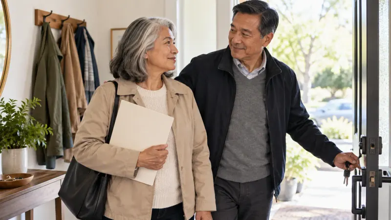 Two adults calmly preparing to leave home together for urgent eye care