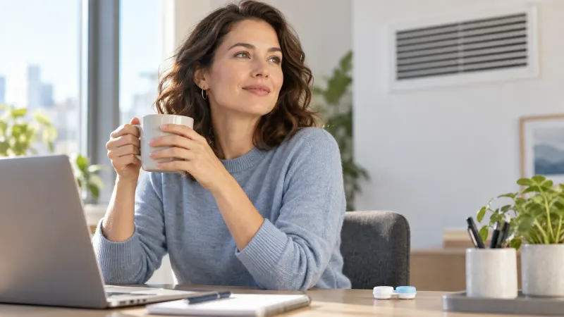 A contact lens wearer taking a break at a desk in dry indoor air