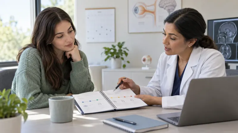 An adult and supportive companion review symptom notes before a neuro-ophthalmology follow-up.