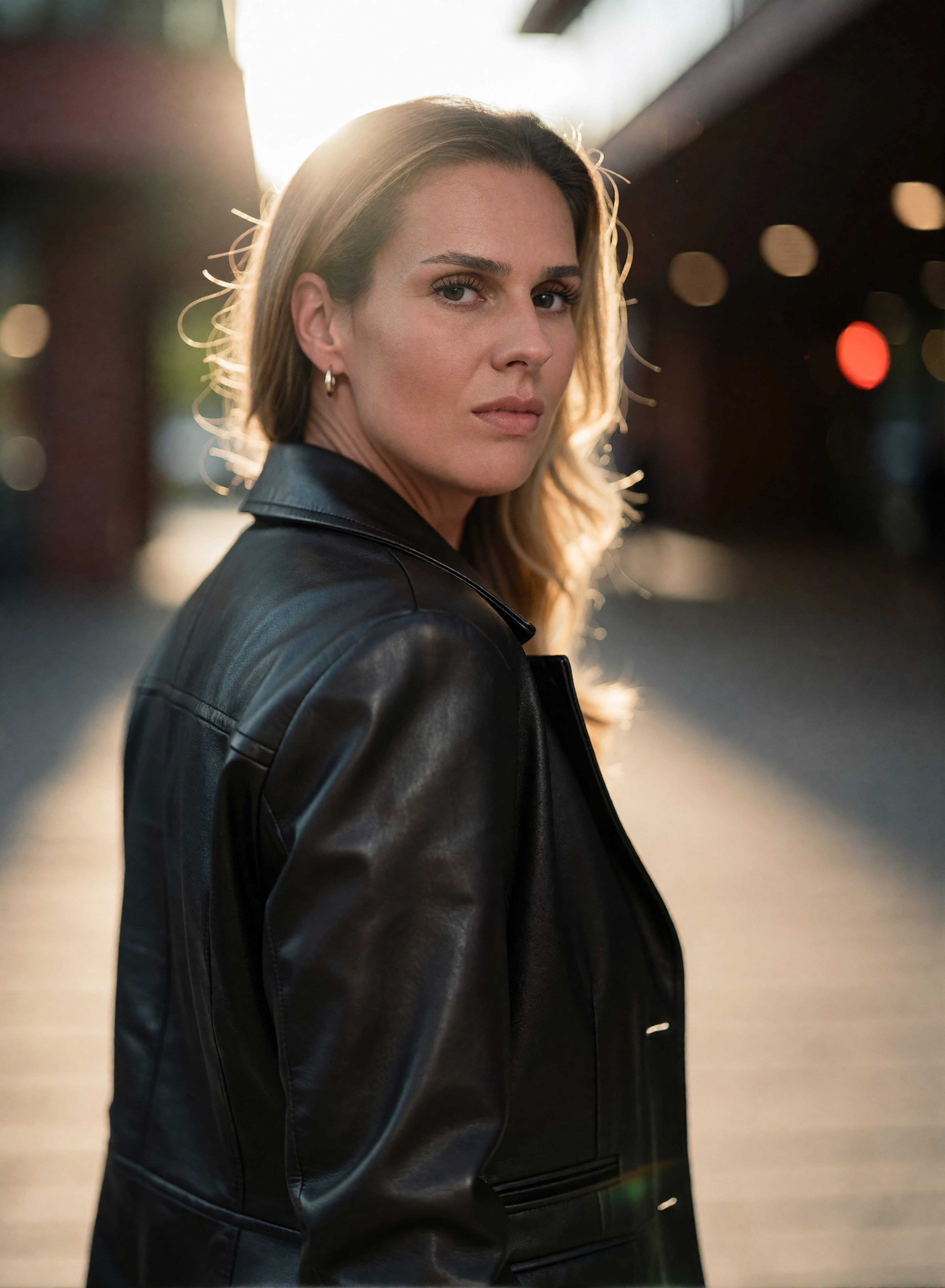 Digital twin of Nicole Funken in a black leather jacket at a portrait shoot in warm backlight.