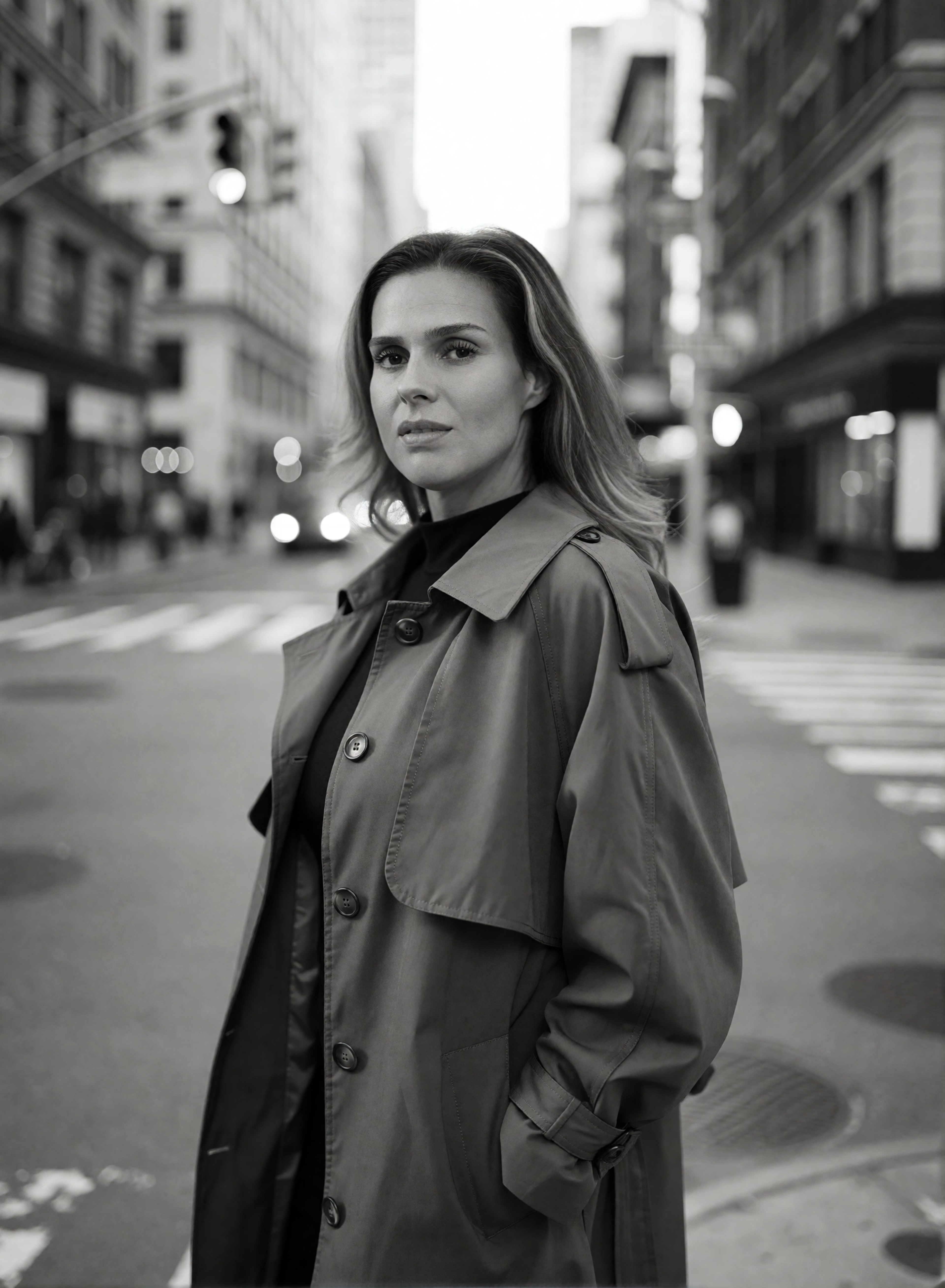 Digital twin of Nicole Funken in a trench coat at a black-and-white fashion shoot on an urban street.